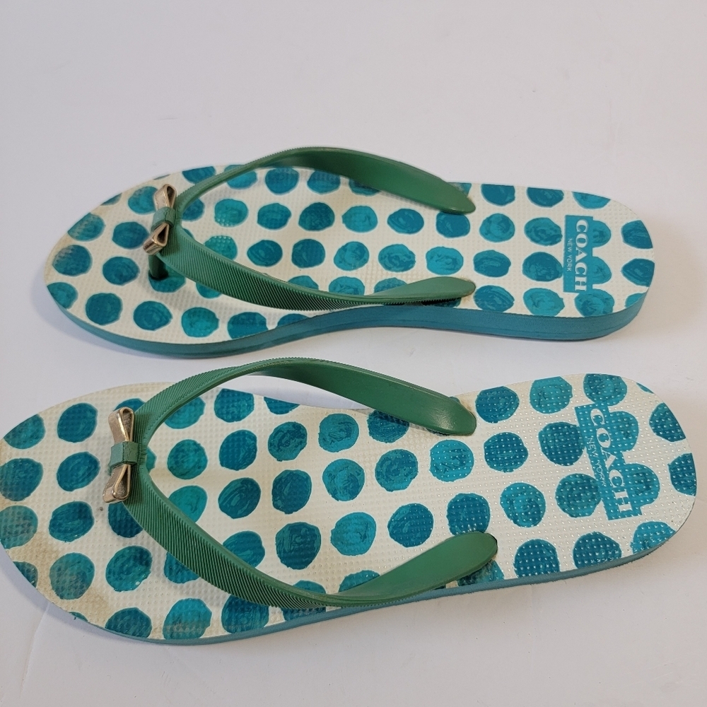 Coach Blue Polkadot Thong Sandals Size 7-8 Beachy Resort Casual Quite Luxury - Picture 4 of 11